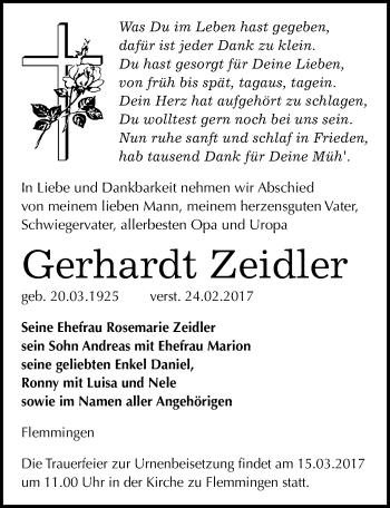Traueranzeige von Gerhardt Zeidler von Mitteldeutsche Zeitung Naumburg/Nebra