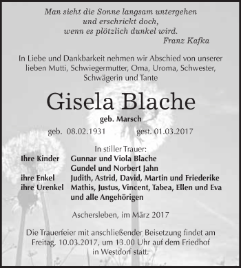 Traueranzeige von Gisela Blache von Super Sonntag Quedlinburg