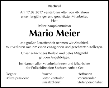 Traueranzeige von Mario Meier von Mitteldeutsche Zeitung Wittenberg