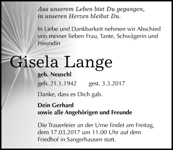 Traueranzeige von Gisela Lange von Mitteldeutsche Zeitung Sangerhausen