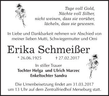 Traueranzeige von Erika Schmeißer von Super Sonntag Halle