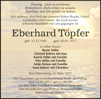 Traueranzeige von Eberhard Töpfer von Mitteldeutsche Zeitung Merseburg/Querfurt