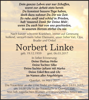 Traueranzeige von Norbert Linke von Super Sonntag Halle