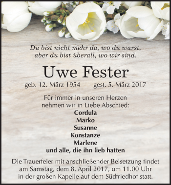 Traueranzeige von Uwe Fester von Mitteldeutsche Zeitung Halle/Saalkreis