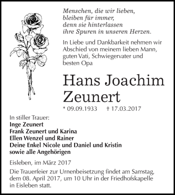 Traueranzeige von Hans Joachim Zeunert von Super Sonntag SGH Mansf. Land
