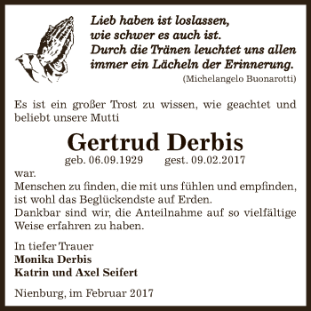 Traueranzeige von Gertrud Derbis von Super Sonntag Bernburg