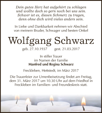 Traueranzeige von Wolfgang Schwarz von Super Sonntag SGH Mansf. Land