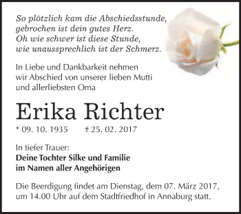 Traueranzeige von Erika Richter von Super Sonntag Wittenberg