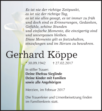 Traueranzeige von Gerhard Köppe von Mitteldeutsche Zeitung Köthen
