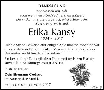 Traueranzeige von Erika Kansy von Mitteldeutsche Zeitung Weißenfels