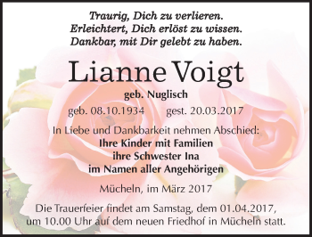 Traueranzeige von Lianne Voigt von Mitteldeutsche Zeitung Merseburg/Querfurt