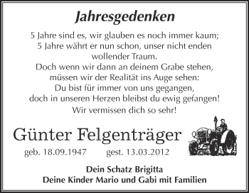 Traueranzeige von Günter Felgenträger von WVG - Wochenspiegel Dessau / Köthen