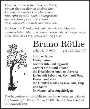 Traueranzeige von Bruno Röthe von Super Sonntag Wittenberg