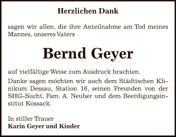 Traueranzeige von Bernd Geyer von WVG - Wochenspiegel Dessau / Köthen