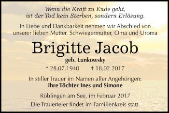 Traueranzeige von Brigitte Jacob von Super Sonntag SGH Mansf. Land