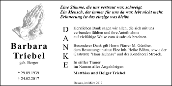 Traueranzeige von Barbara Triebel von Mitteldeutsche Zeitung Dessau-Roßlau
