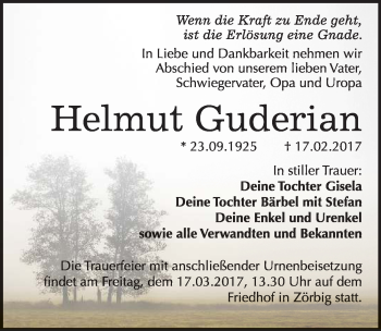 Traueranzeige von Helmut Guderian von Mitteldeutsche Zeitung Bitterfeld