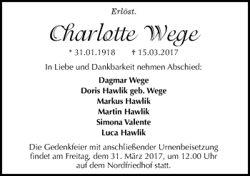 Traueranzeige von Charlotte Wege von Mitteldeutsche Zeitung Halle/Saalkreis