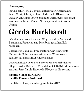 Traueranzeige von Gerda Burkhardt von Mitteldeutsche Zeitung Naumburg/Nebra