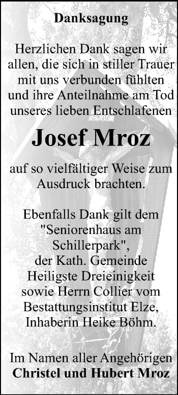 Traueranzeige von Josef Mroz von Mitteldeutsche Zeitung Dessau-Roßlau