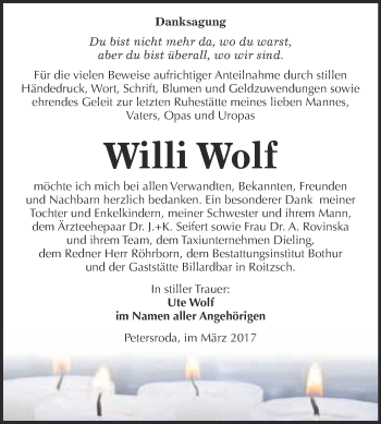 Traueranzeige von Willi Wolf von WVG - Wochenspiegel Bitterfeld