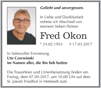 Traueranzeige von Fred Okon von Mitteldeutsche Zeitung Mansfelder Land