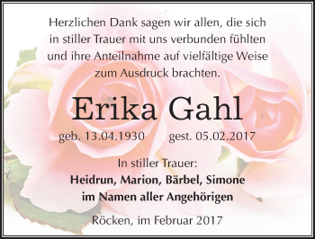 Traueranzeige von Erika Gahl von Mitteldeutsche Zeitung Weißenfels