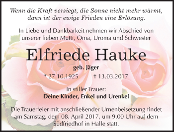 Traueranzeige von Elfriede Hauke von Mitteldeutsche Zeitung Halle/Saalkreis