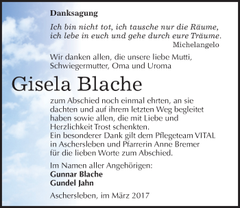 Traueranzeige von Gisela Blache von Mitteldeutsche Zeitung Quedlinburg