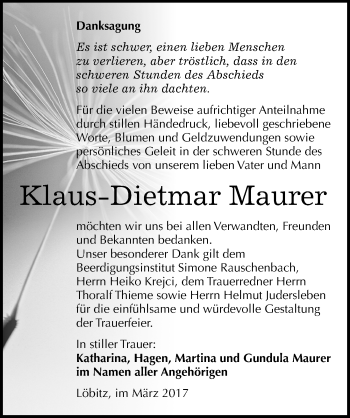 Traueranzeige von Klaus-Dietmar Maurer von Mitteldeutsche Zeitung Naumburg/Nebra