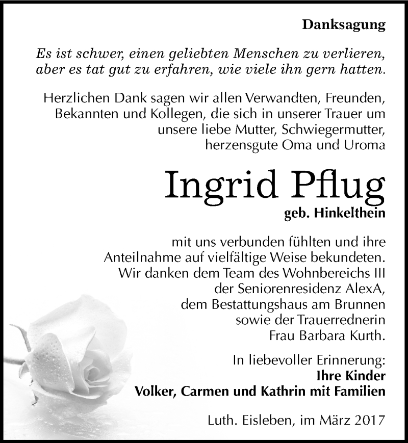  Traueranzeige für Ingrid Pflug vom 11.03.2017 aus Mitteldeutsche Zeitung Mansfelder Land