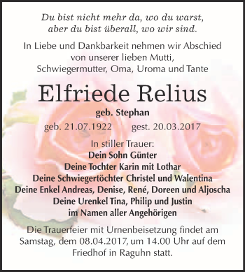 Traueranzeige von Elfriede Relius von WVG - Wochenspiegel Bitterfeld