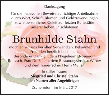 Traueranzeige von Brunhilde Stahn von Mitteldeutsche Zeitung Bitterfeld