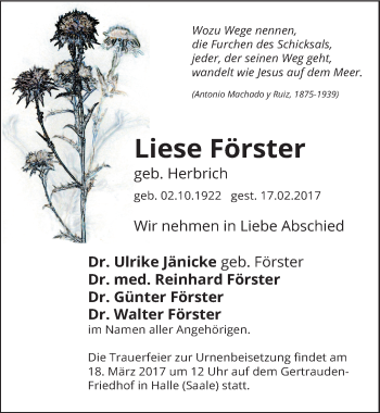 Traueranzeige von Liese Förster von Mitteldeutsche Zeitung Halle/Saalkreis