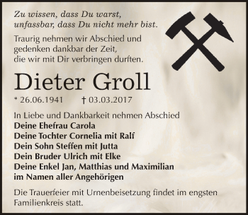 Traueranzeige von Dieter Groll von Mitteldeutsche Zeitung Bitterfeld