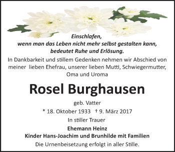 Traueranzeige von Rosel Burghausen von Mitteldeutsche Zeitung Bitterfeld