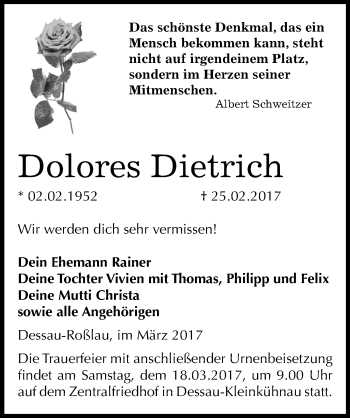 Traueranzeige von Dolores Dietrich von Mitteldeutsche Zeitung Dessau-Roßlau
