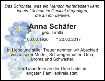 Traueranzeige von Anna Schäfer von Super Sonntag SGH Mansf. Land