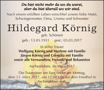 Traueranzeige von Hildegard Körnig von Mitteldeutsche Zeitung Aschersleben