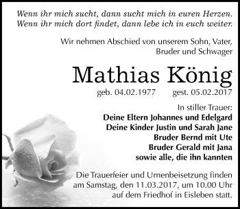 Traueranzeige von Mathias König von Mitteldeutsche Zeitung Mansfelder Land
