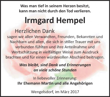 Traueranzeige von Irmgard Hempel von WVG - Wochenspiegel NMB / WSF / ZTZ