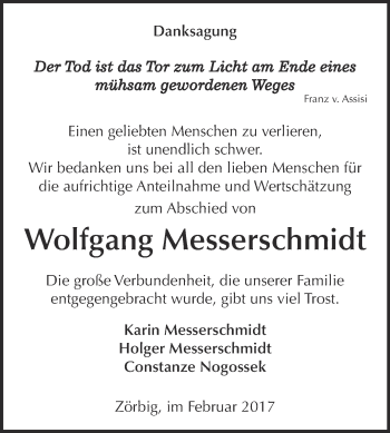 Traueranzeige von Wolfgang Messerschmidt von WVG - Wochenspiegel Bitterfeld
