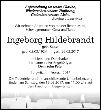 Traueranzeige von Ingeborg Hildebrandt von Mitteldeutsche Zeitung Wittenberg