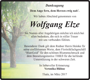 Traueranzeige von Wolfgang Elze von Super Sonntag Quedlinburg