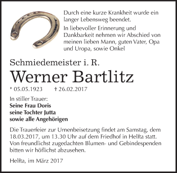 Traueranzeige von Werner Bartlitz von Mitteldeutsche Zeitung Mansfelder Land