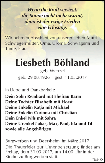 Traueranzeige von Liesbeth Böhland von WVG - Wochenspiegel NMB / WSF / ZTZ
