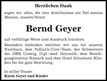 Traueranzeige von Bernd Geyer von Mitteldeutsche Zeitung Wittenberg
