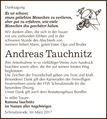 Traueranzeige von Andreas Tauchnitz von Super Sonntag SGH Mansf. Land
