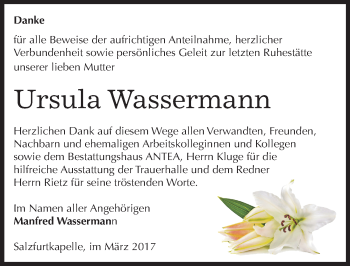 Traueranzeige von Ursula Wassermann von Mitteldeutsche Zeitung Dessau-Roßlau