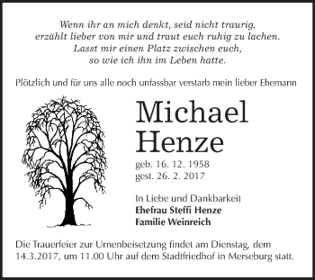 Traueranzeige von Michael Henze von Super Sonntag Halle